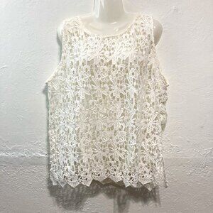 NWT BLANC Du NIL Crochet Sleeveless Top White Scalloped Cut out Floral Size 4/42